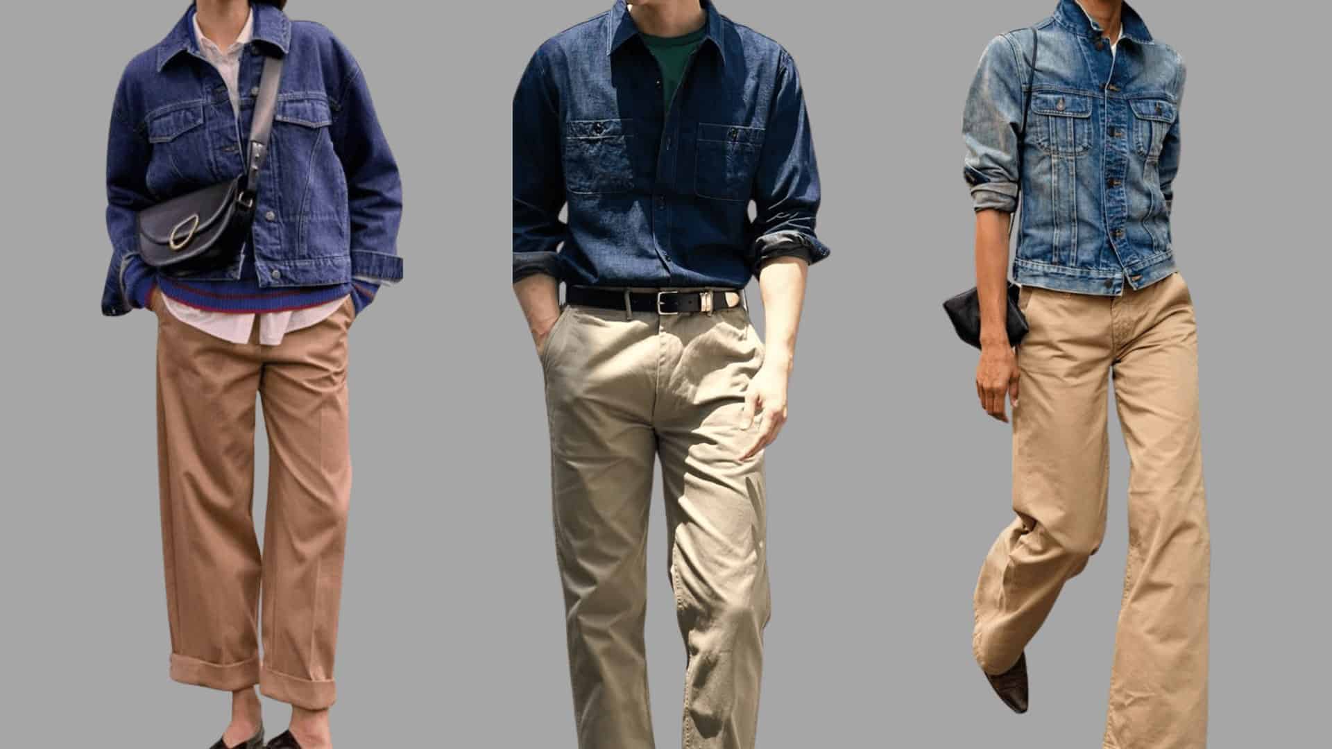 three casual outfits with denim jackets layered over khaki trousers in a relaxed everyday style look