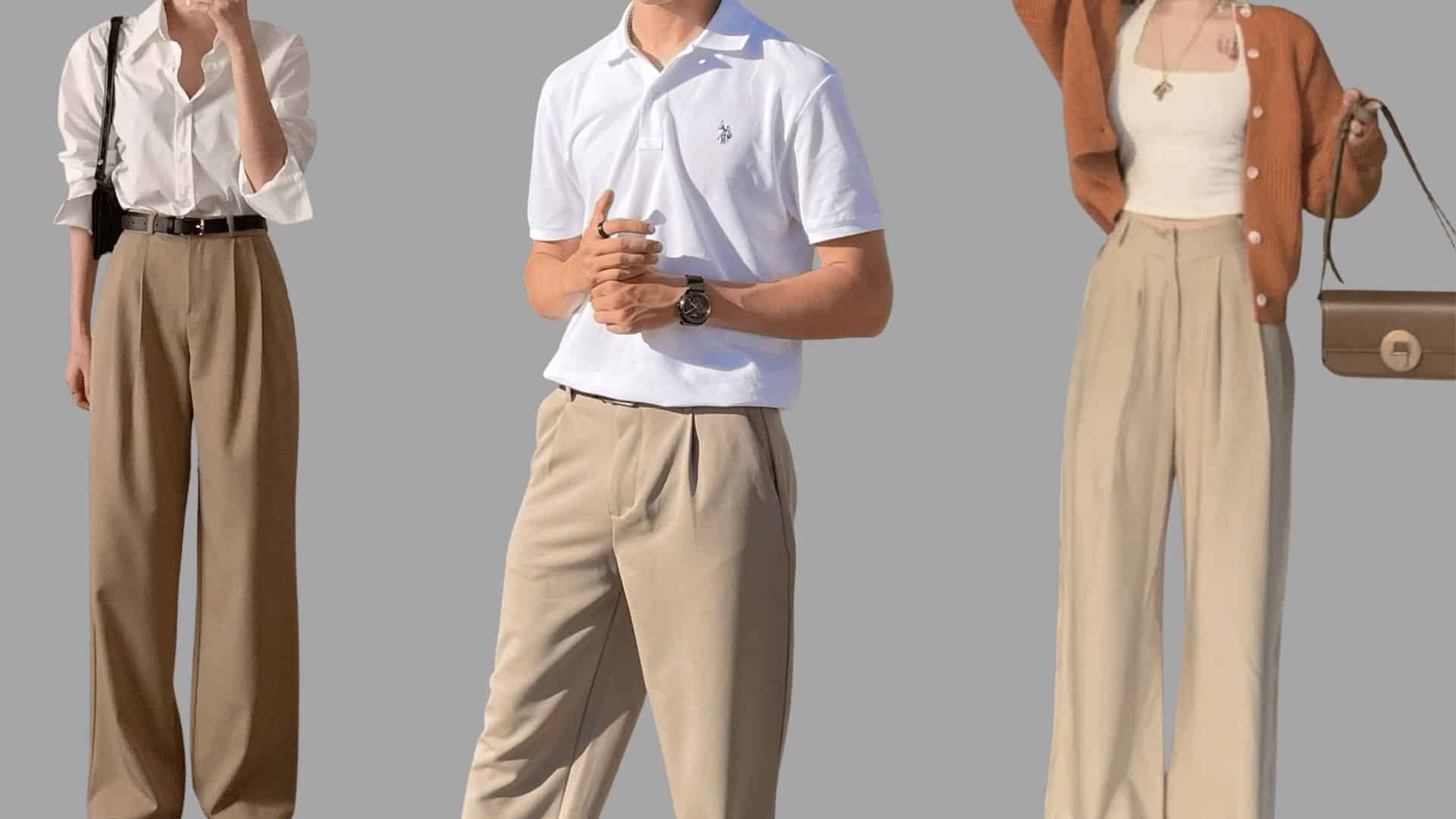 three cropped outfits showing white tops paired with loose khaki trousers in a clean, minimal style.