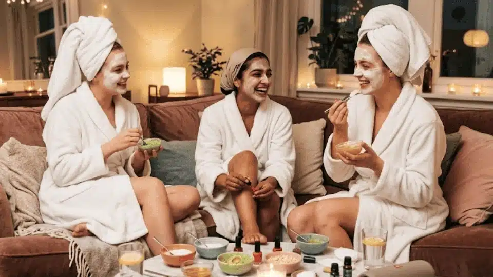 three friends in white robes and face masks during an at-home spa night with candles and beauty products.