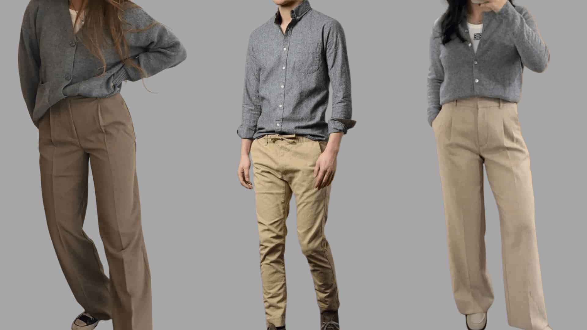 three gray tops paired with khaki trousers styled in a clean, relaxed, and modern everyday outfit look