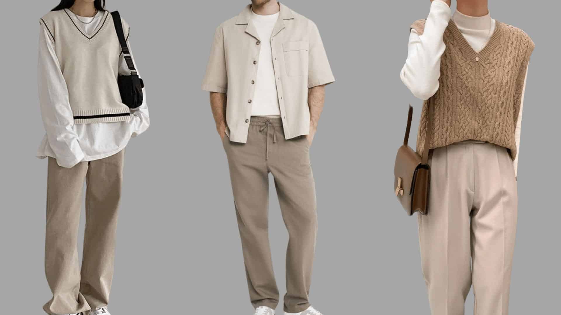 three neutral outfits with beige tops and relaxed khaki trousers styled in a soft, minimal everyday look