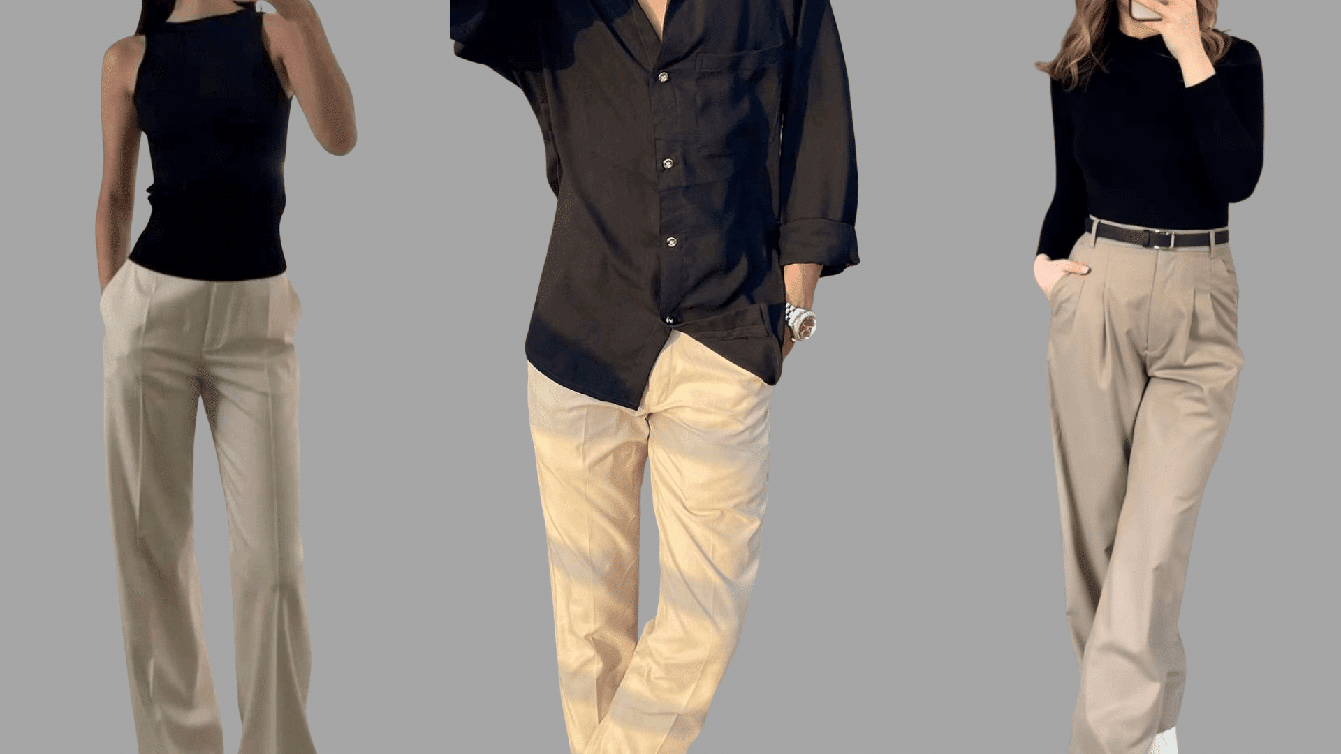 three outfits with black tops paired with loose khaki trousers in a simple, modern style