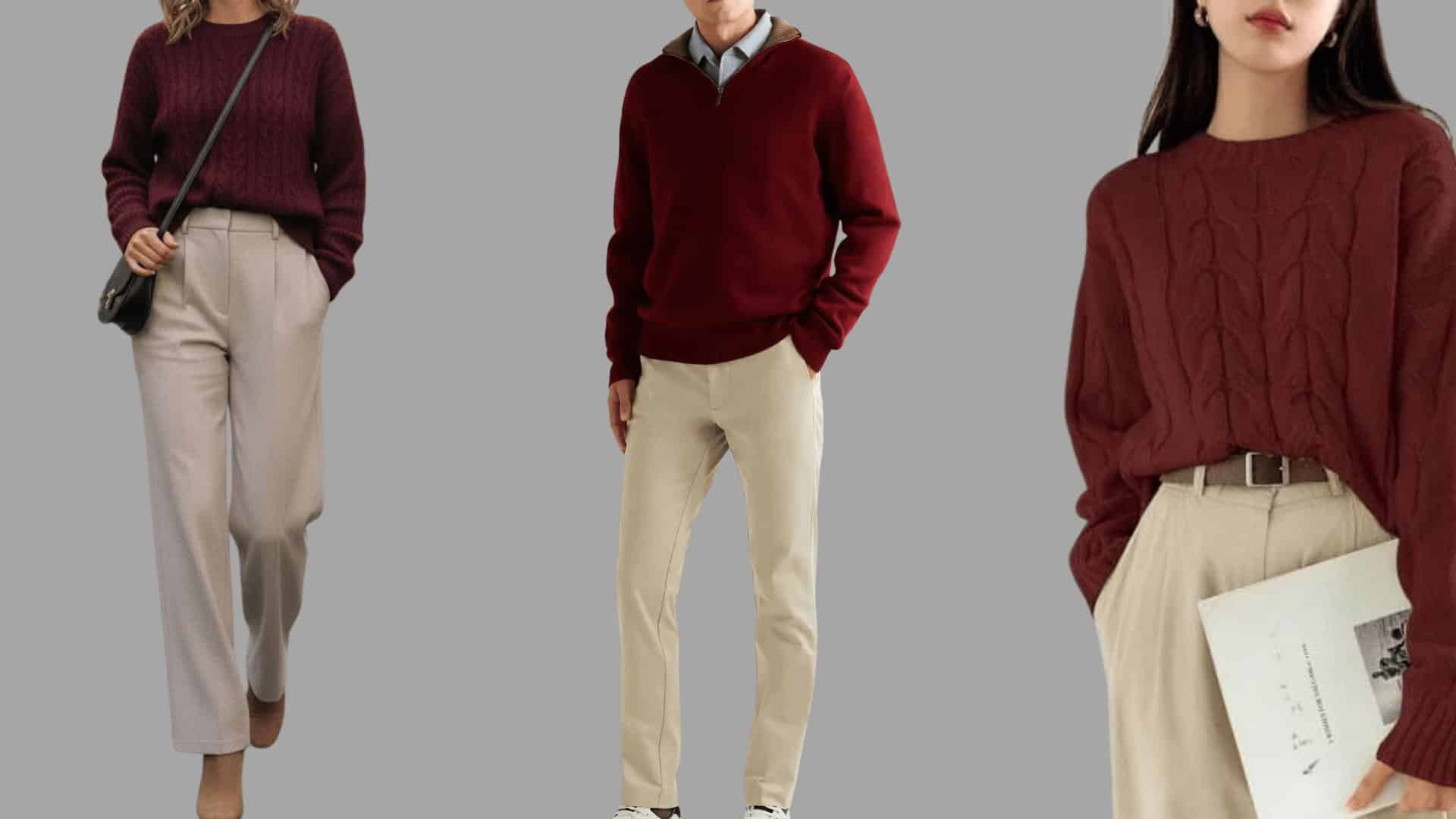 three outfits with burgundy sweaters paired with khaki trousers in a refined, everyday casual style
