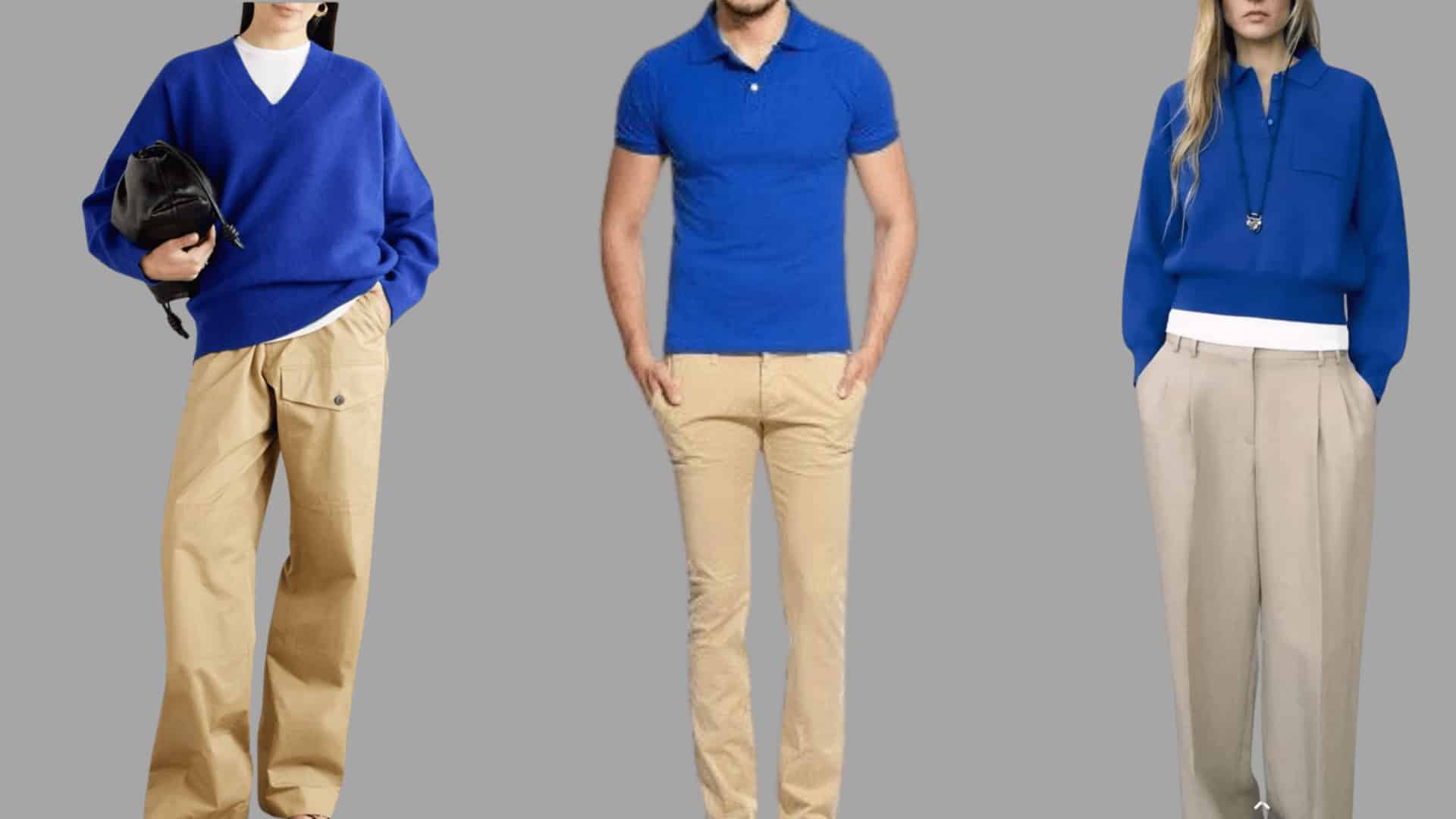 three outfits with cobalt blue tops paired with khaki trousers in a refined, everyday casual style