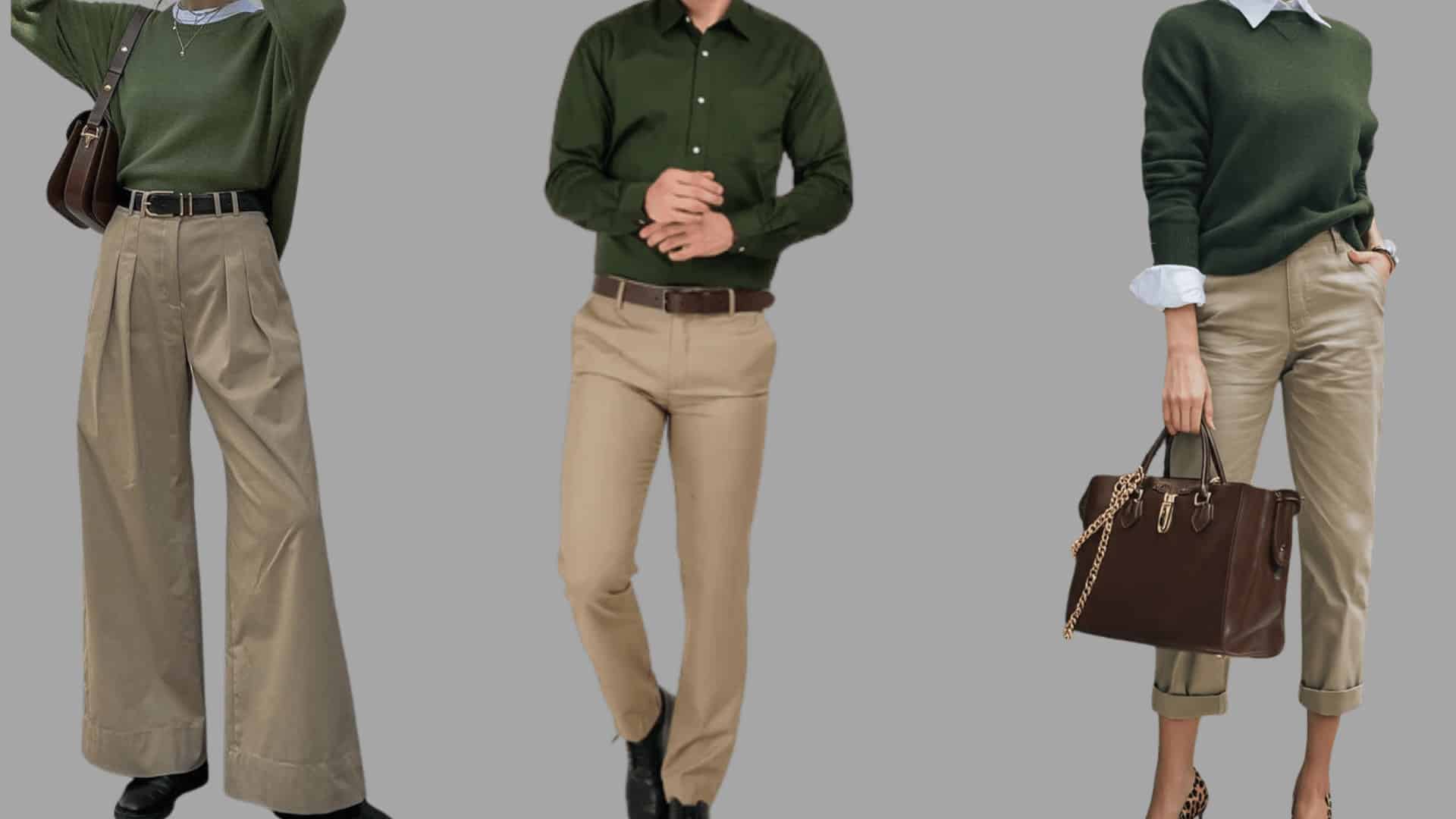 three outfits with dark green tops styled with khaki trousers in a polished, everyday casual look