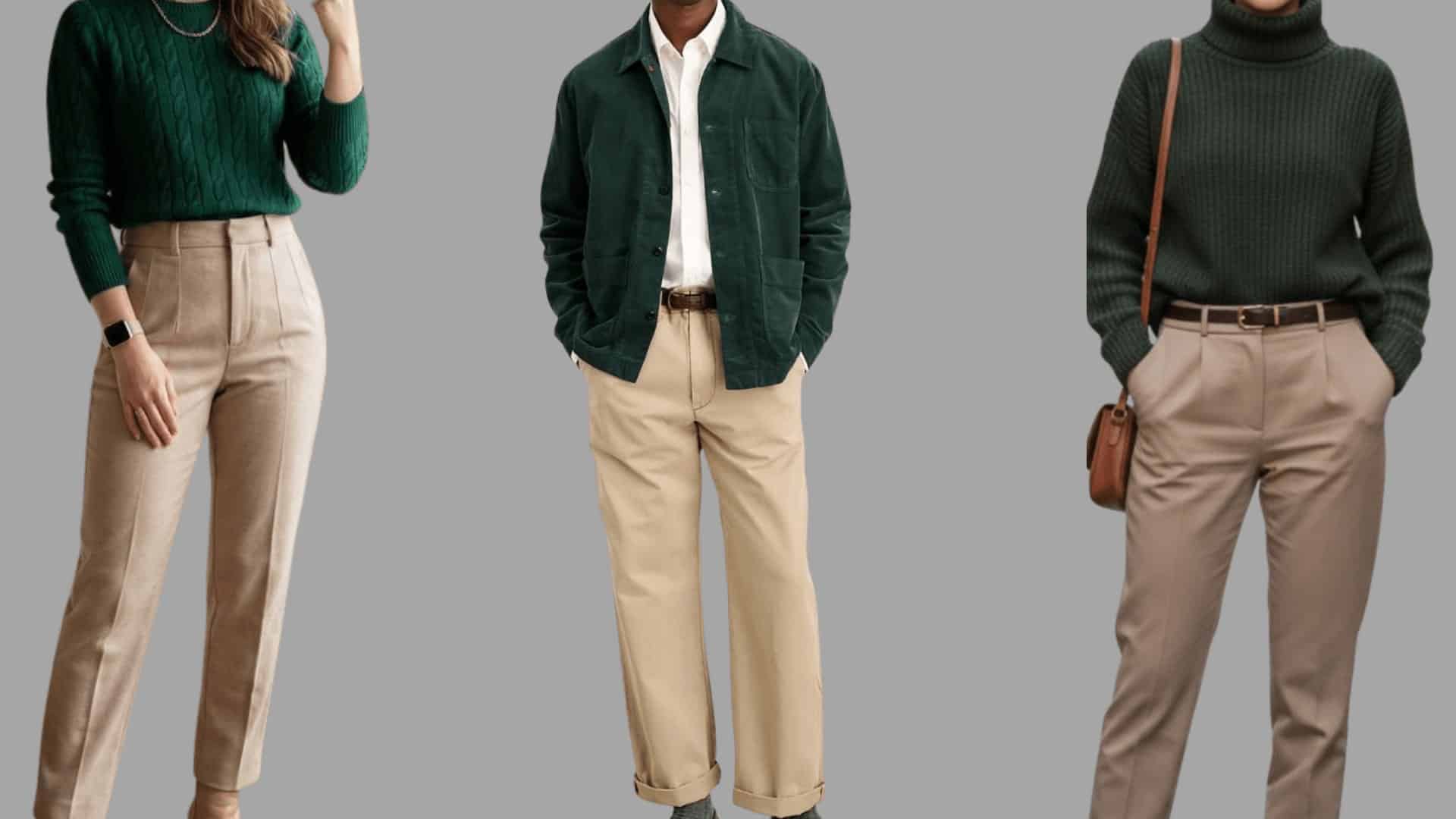 three outfits with deep green sweaters paired with khaki trousers in a clean, smart casual everyday look