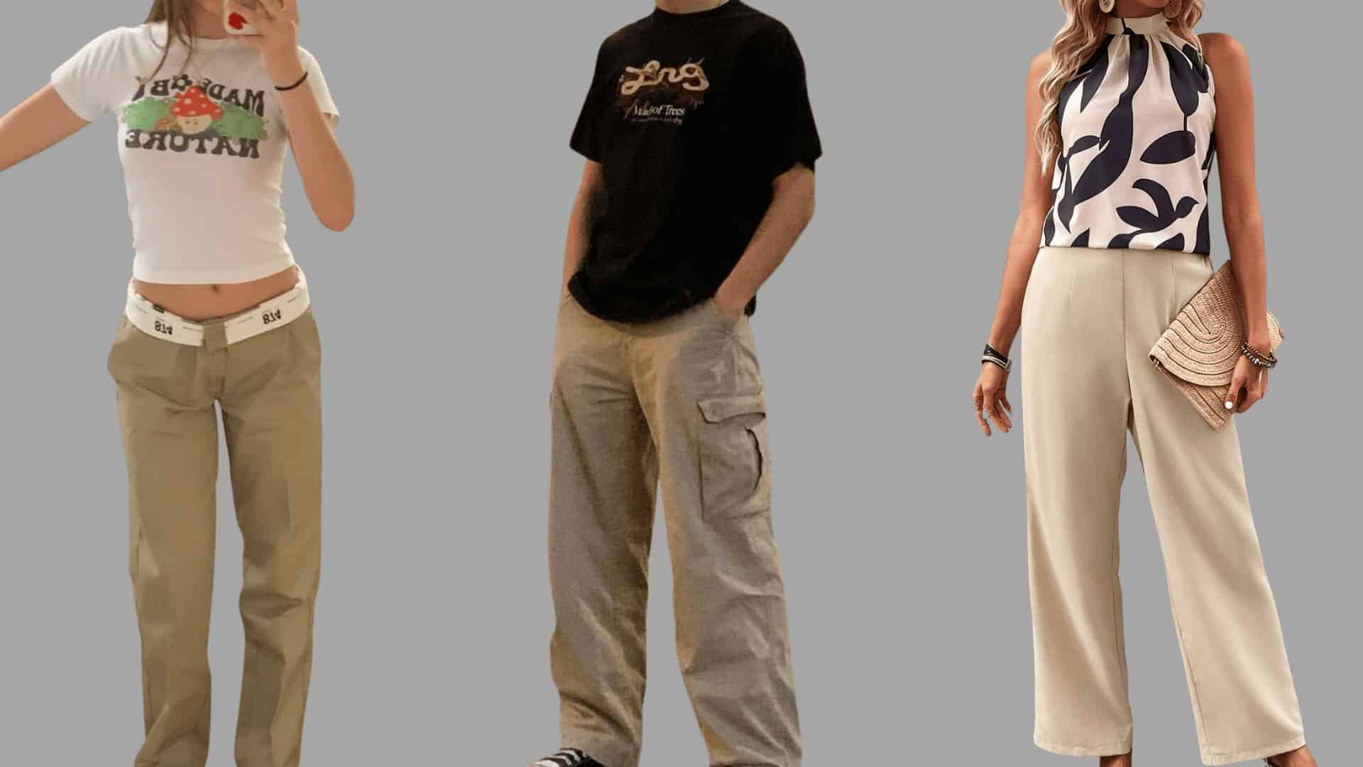 three outfits with graphic tops paired with khaki trousers in a refined, everyday casual style