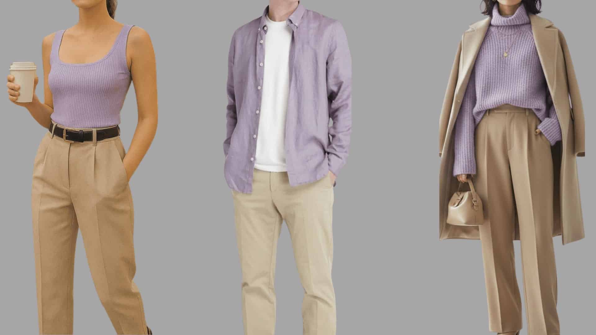 three outfits with lavender tops paired with khaki trousers in a refined, everyday casual style