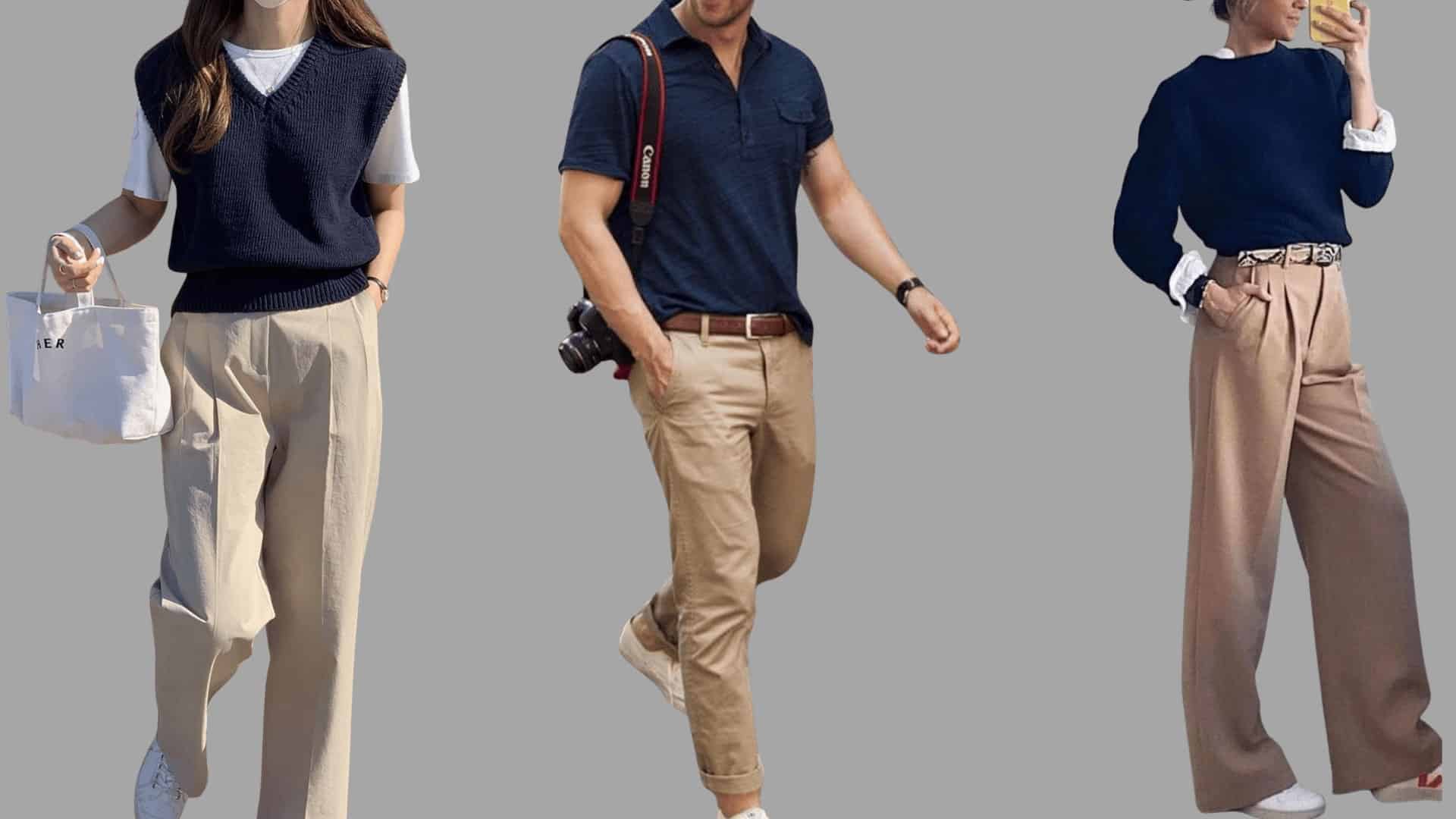 three outfits with navy tops and loose khaki pants styled in a clean, casual everyday look