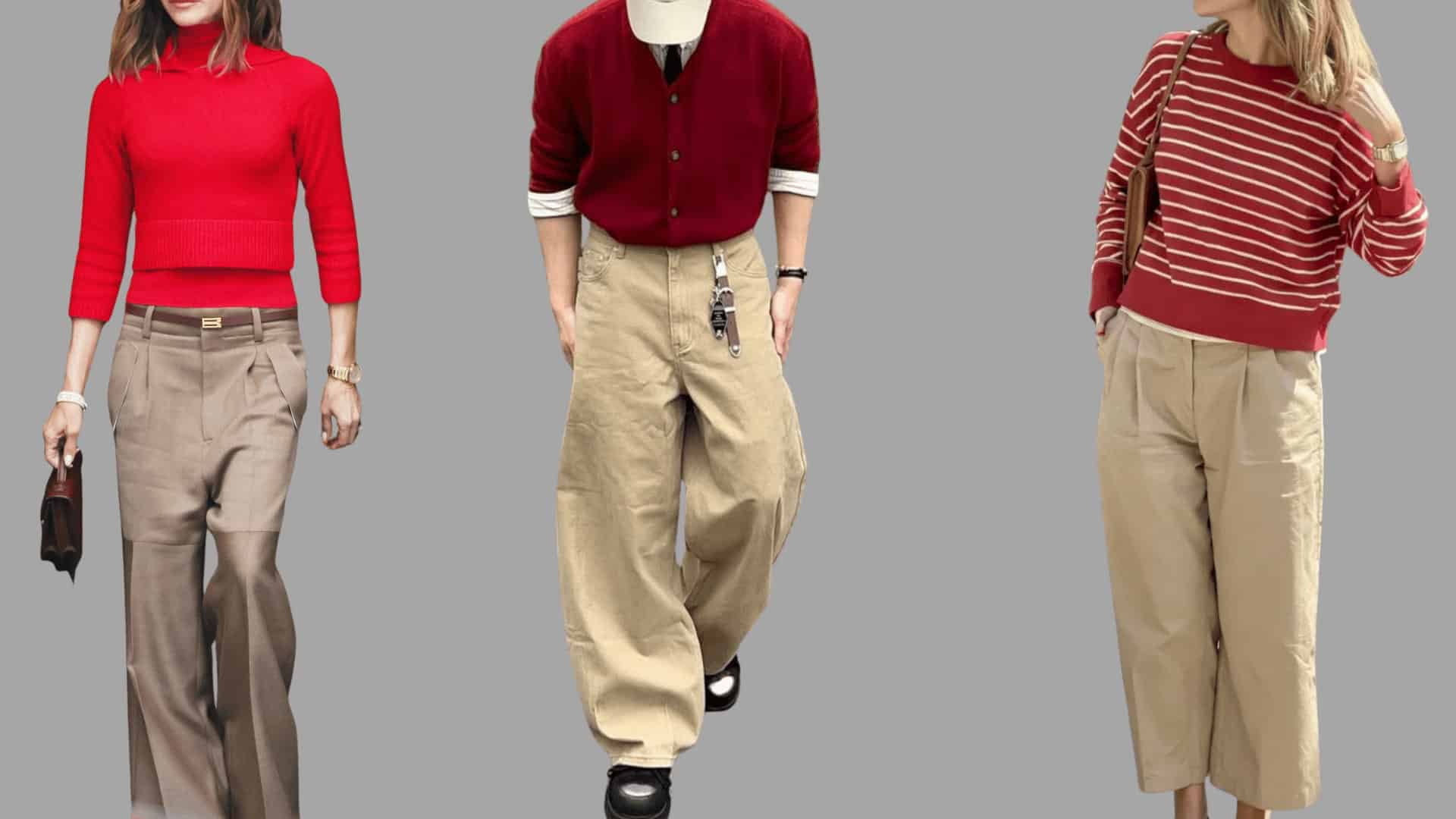 three outfits with red sweaters paired with khaki trousers in a refined, everyday casual style