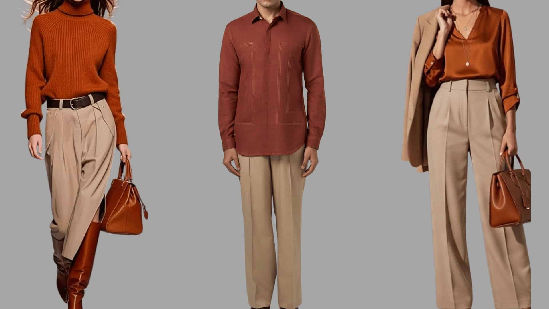three outfits with rust and brown tops paired with khaki trousers in a warm, polished everyday style