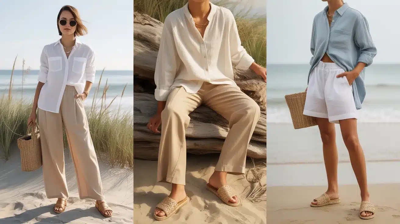 three relaxed beach outfits with linen shirts, wide pants, shorts, woven sandals, and straw bag for coastal summer days