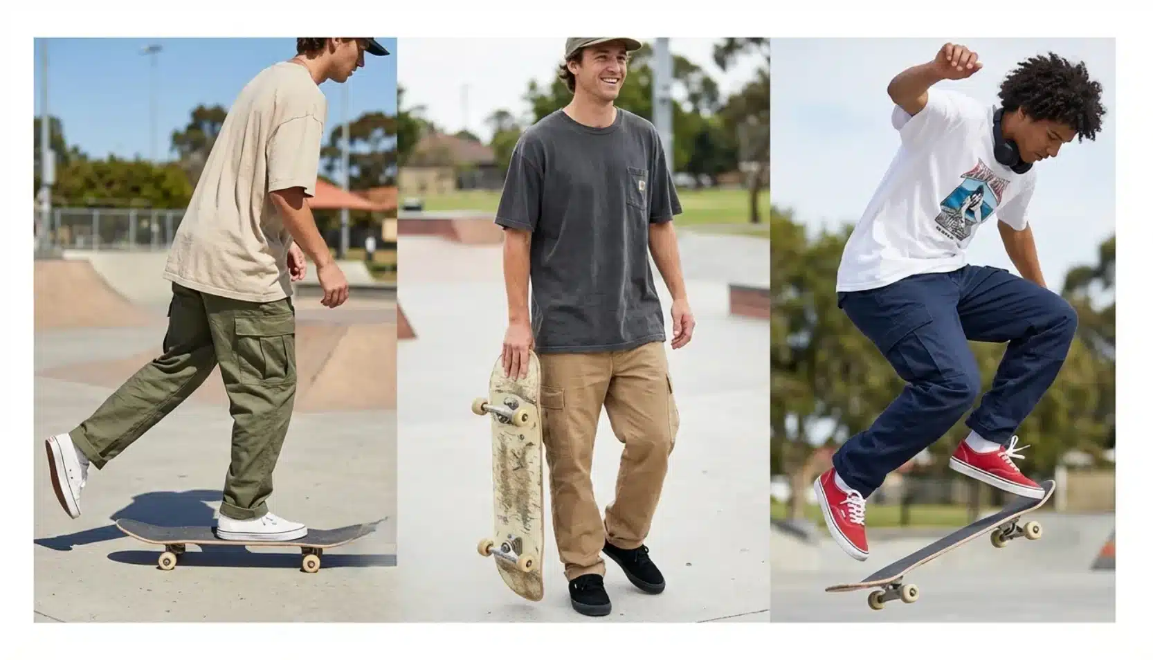 three skateboarders wearing casual streetwear, oversized t-shirts, cargo pants, and sneakers riding skateboards