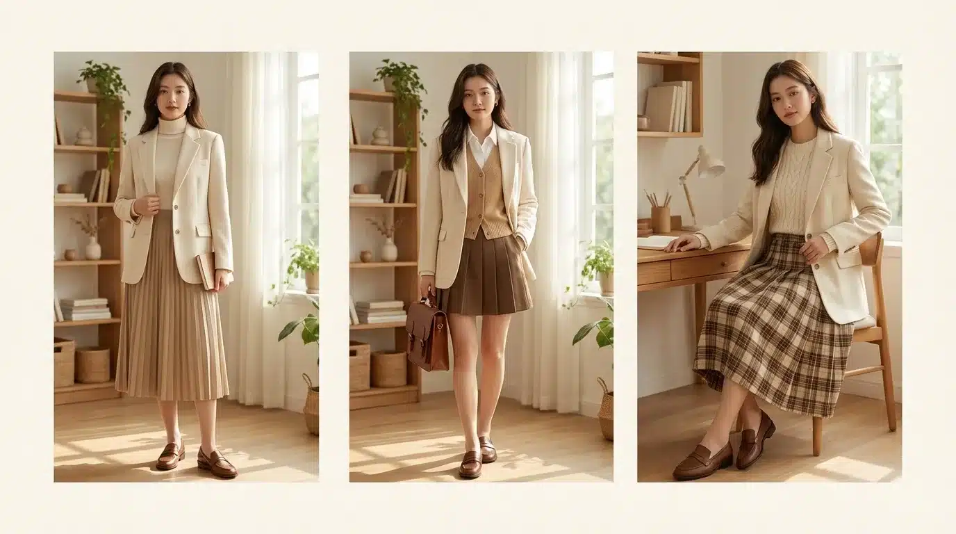 three soft academic outfits with beige blazers, pleated skirts, loafers, and knit tops styled in a cozy study room