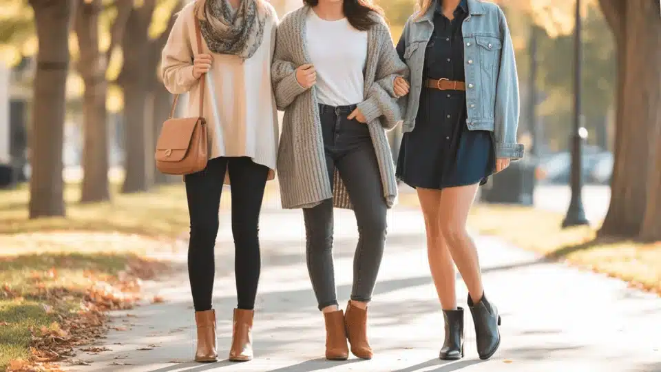 three women wearing ankle boots with leggings jeans and shirt dress casual outfits over 40