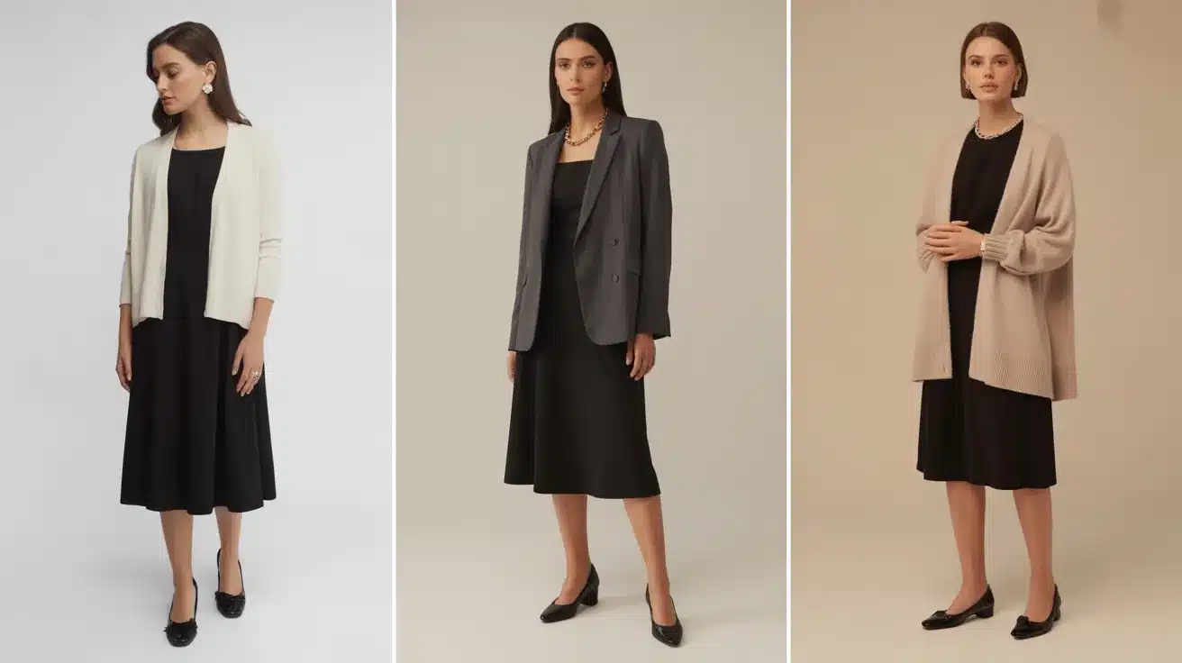 three women wearing black midi dresses styled with white cardigan, gray blazer, and beige shawl, paired with black flats
