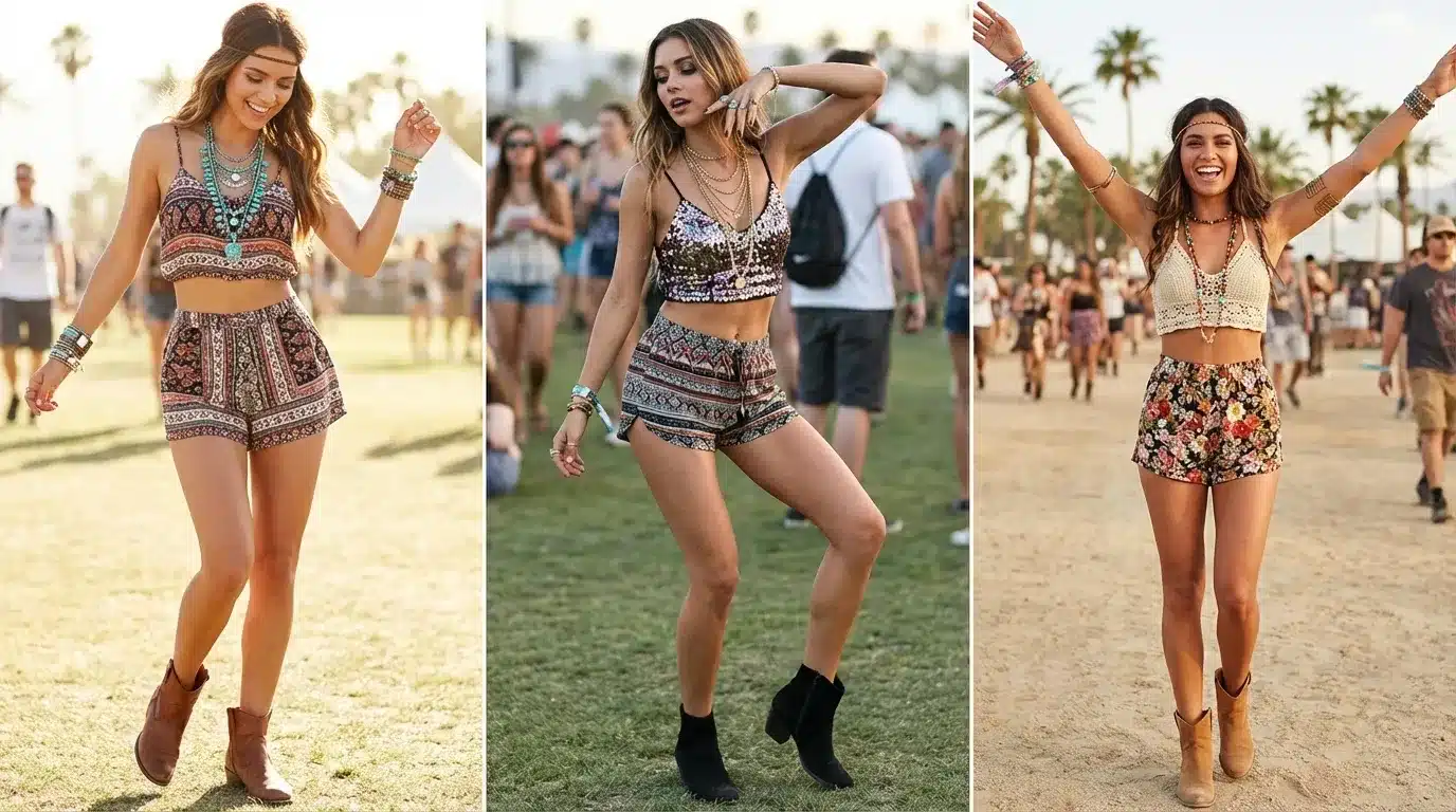 three women wearing boho festival outfits with crop tops, patterned shorts, jewelry, and boots dancing music festival