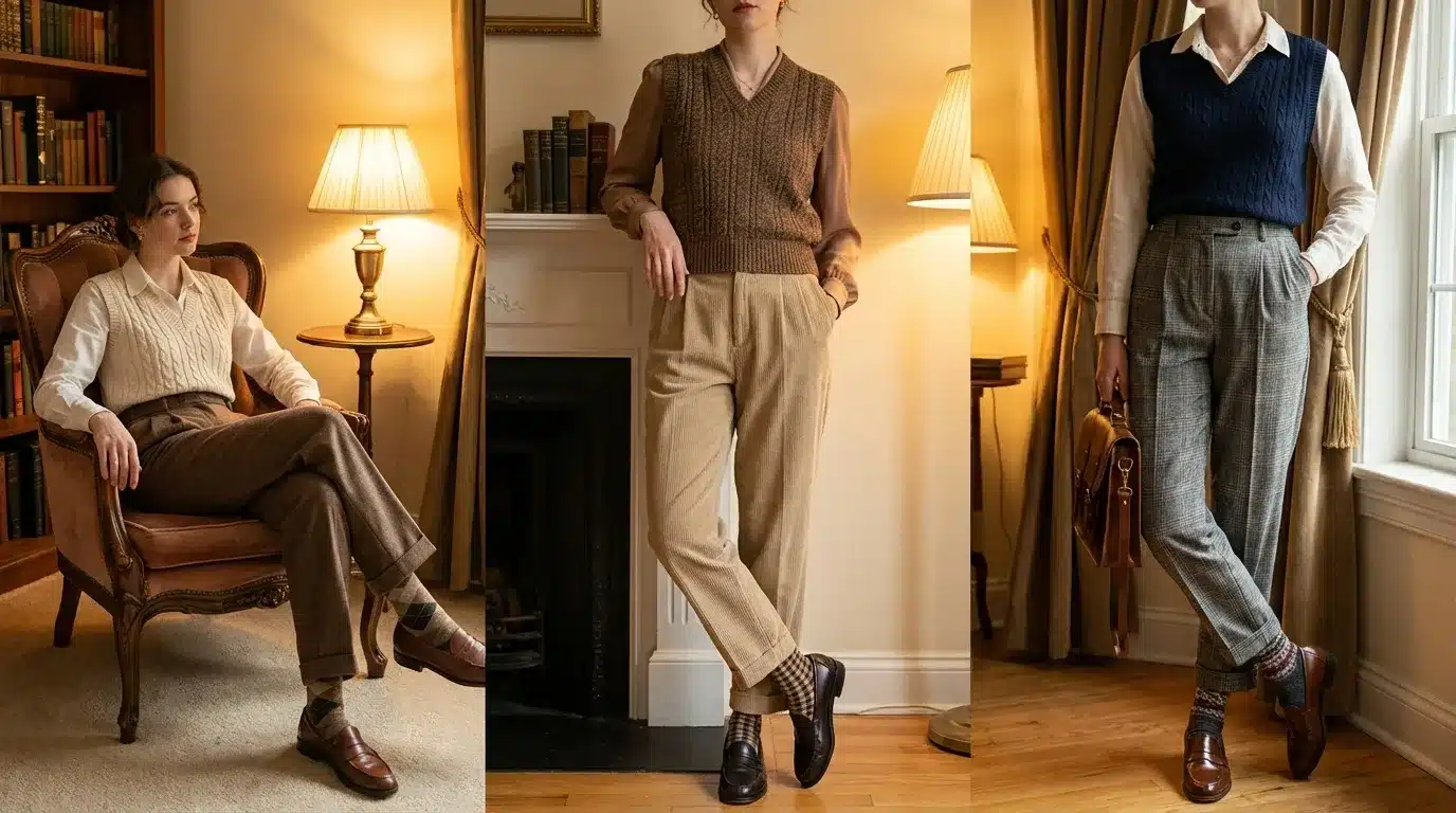 three women wearing classic vintage outfits with sweater vests, tailored trousers, loafers, and patterned socks