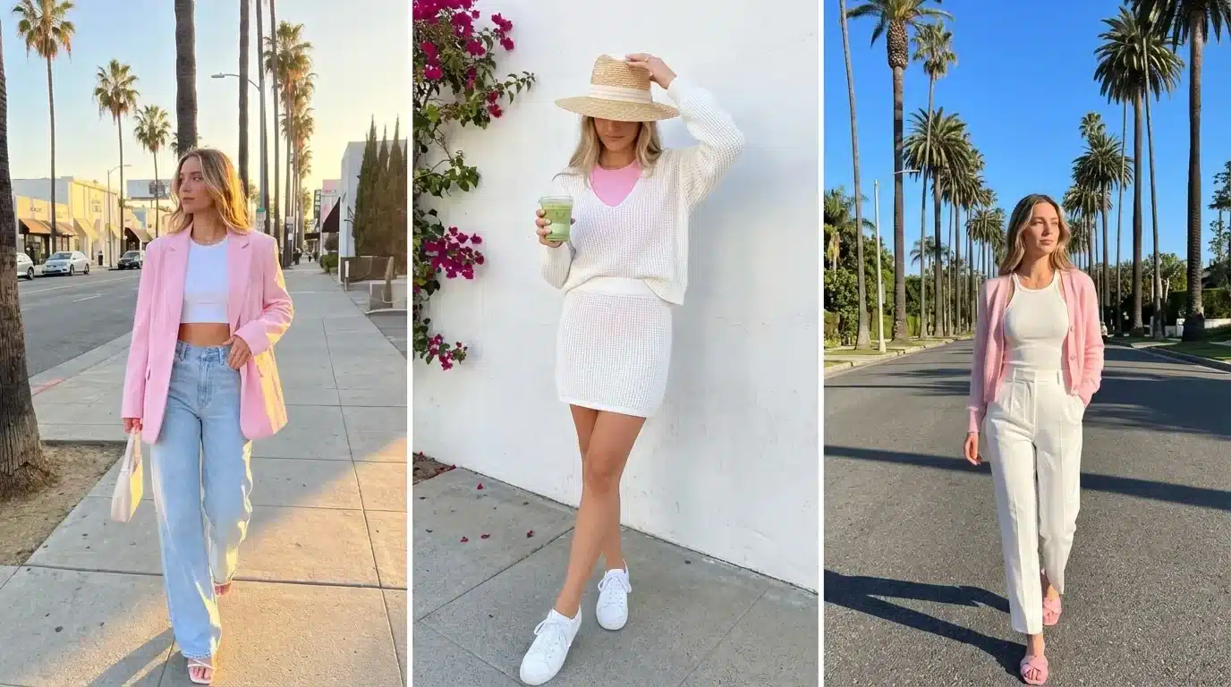 three women wearing light summer outfits with pink blazers, knit sets, and white trousers walking along city streets