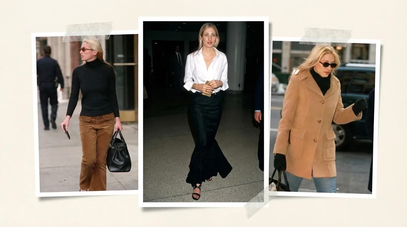three women wearing minimalist city outfits including black turtleneck, white blouse with skirt, and camel coat