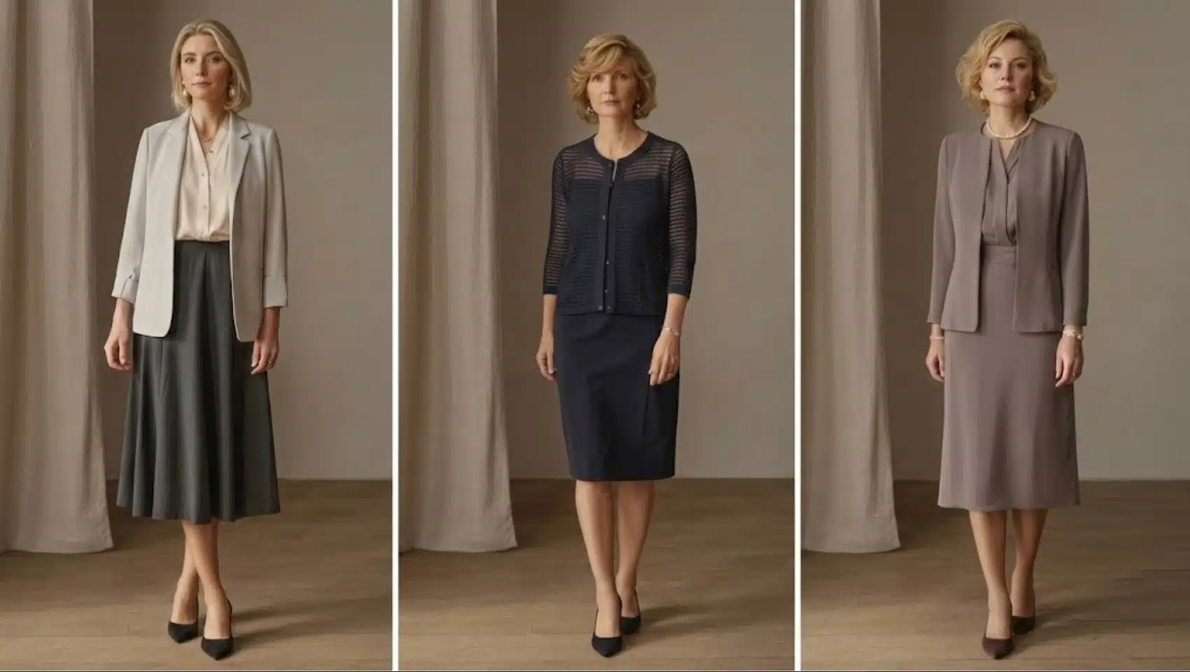 three women wearing modest outfits with blazers, blouses, and midi skirts styled in neutral tones for elegant look