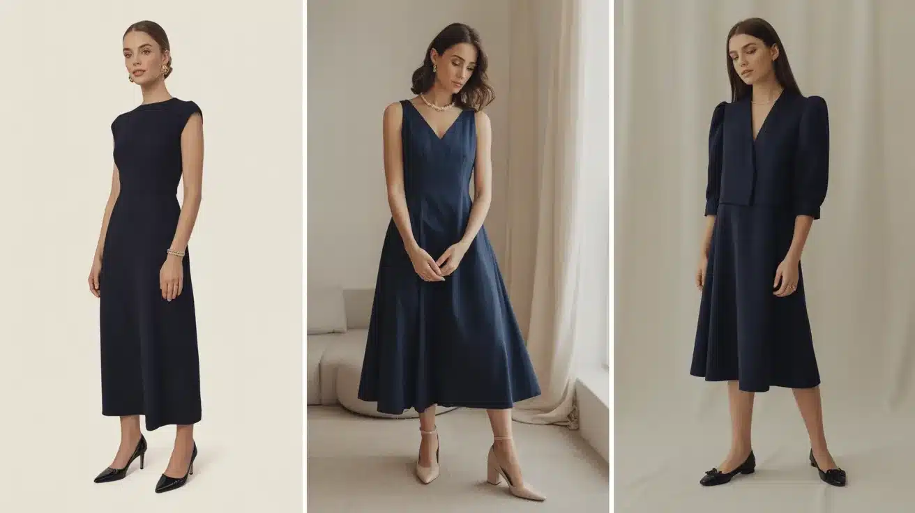 three women wearing navy midi dresses in different sleeve styles, paired with heels and flats, neutral backgrounds