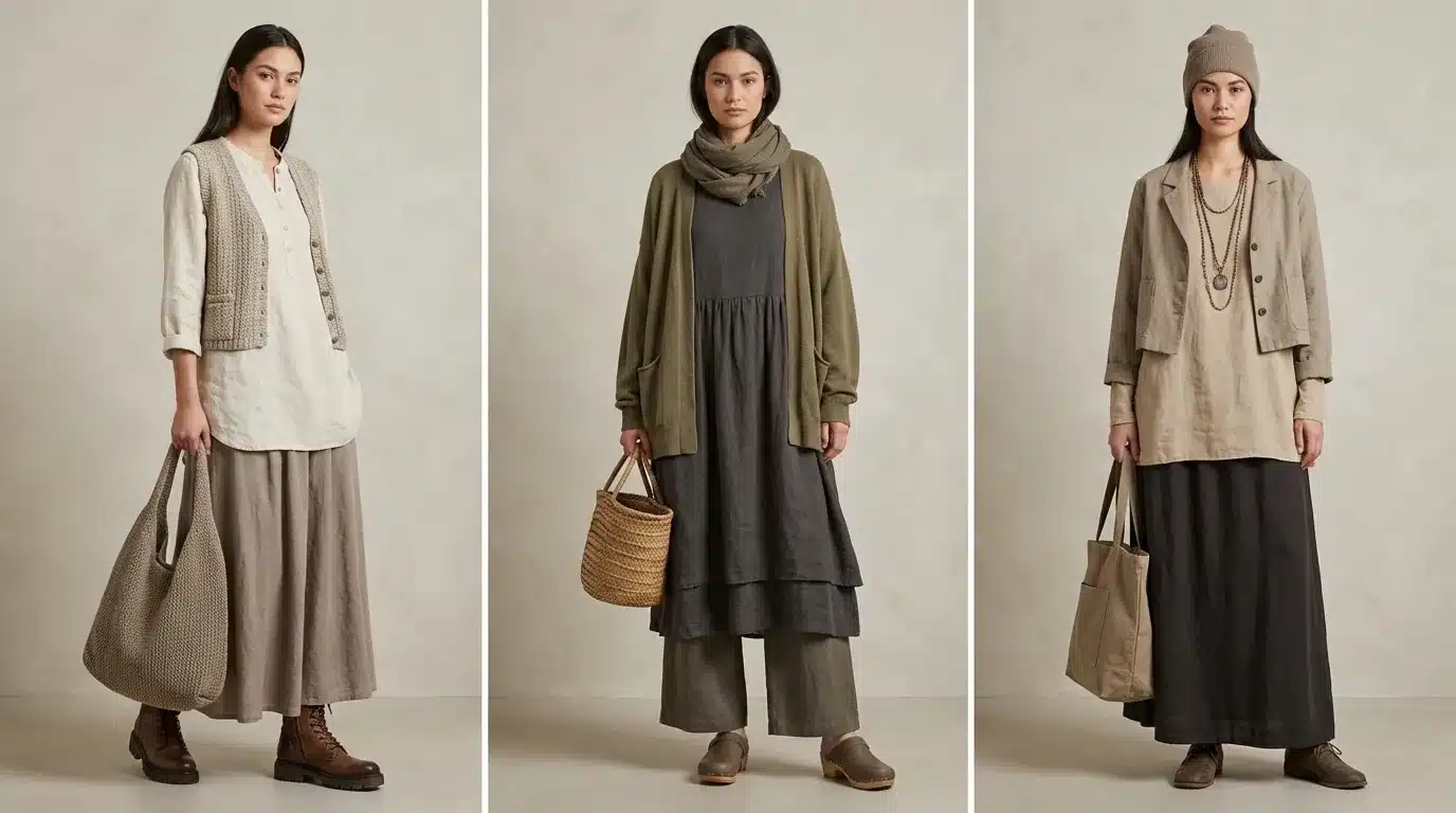 three women wearing neutral layered outfits with linen dresses, cardigans, and jackets styled with tote bags and boots