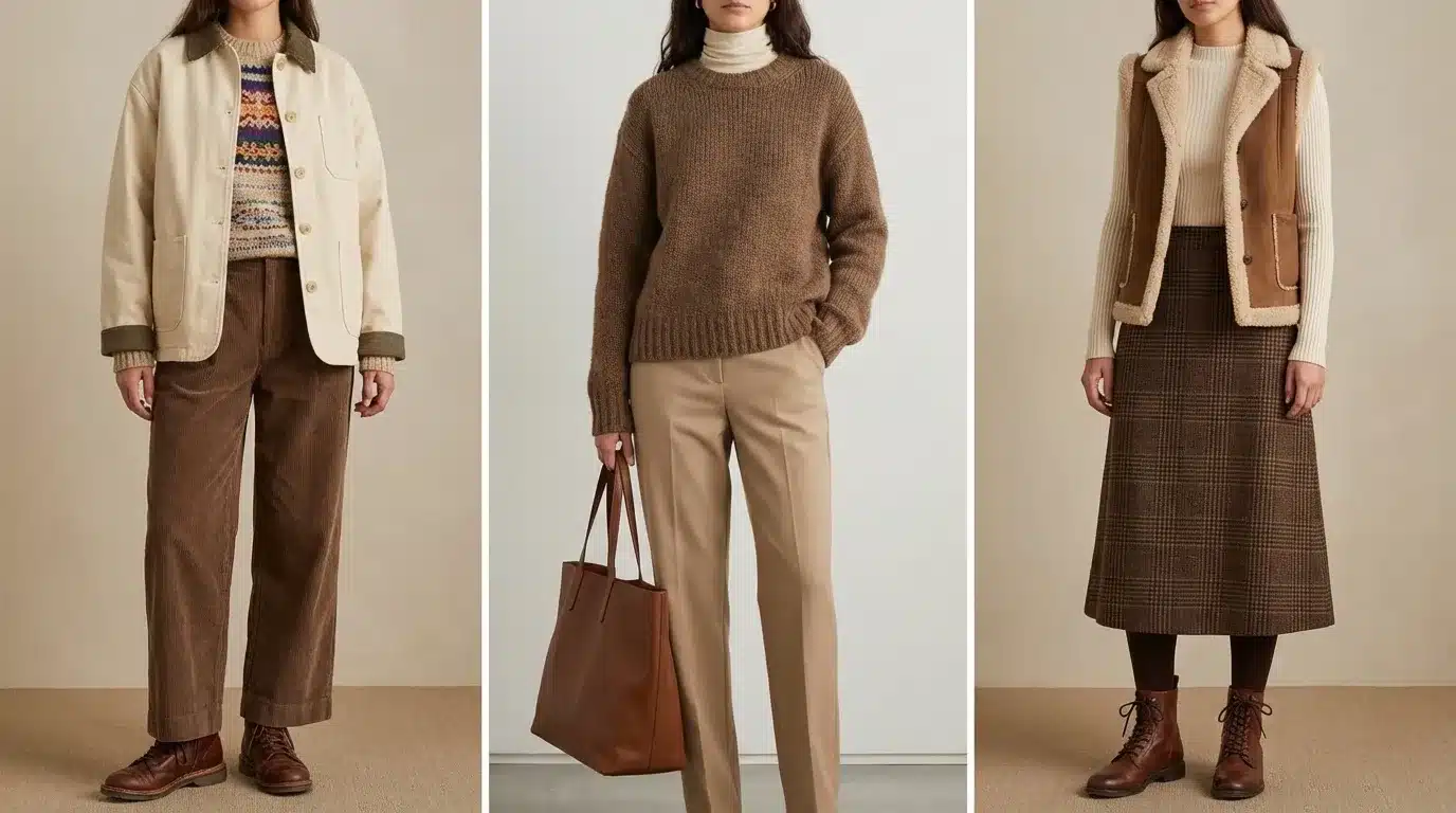 three women wearing neutral outfits with sweaters, trousers, plaid skirt, vest, brown boots, and leather tote bag