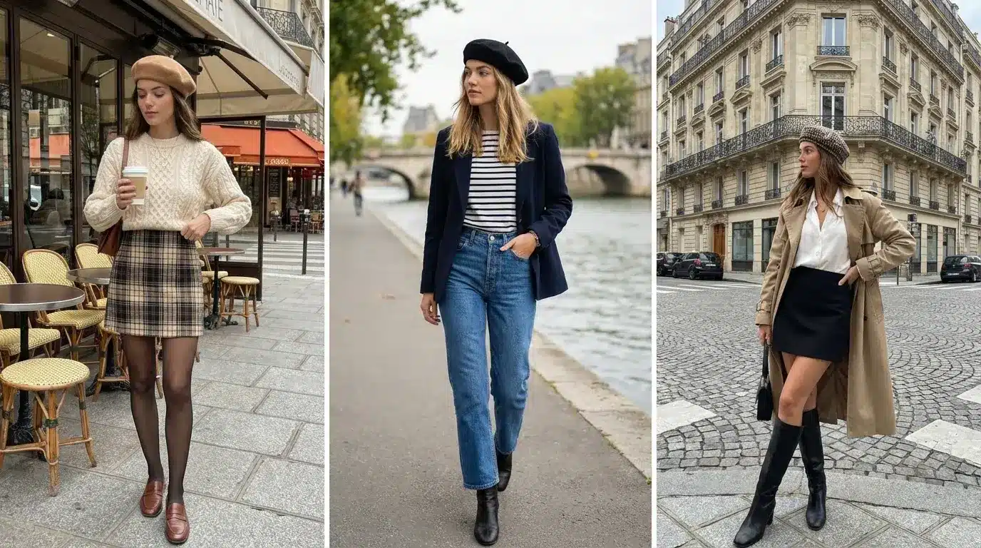 three women wearing parisian style outfits with berets, skirts, jeans, and trench coats walking along café streets