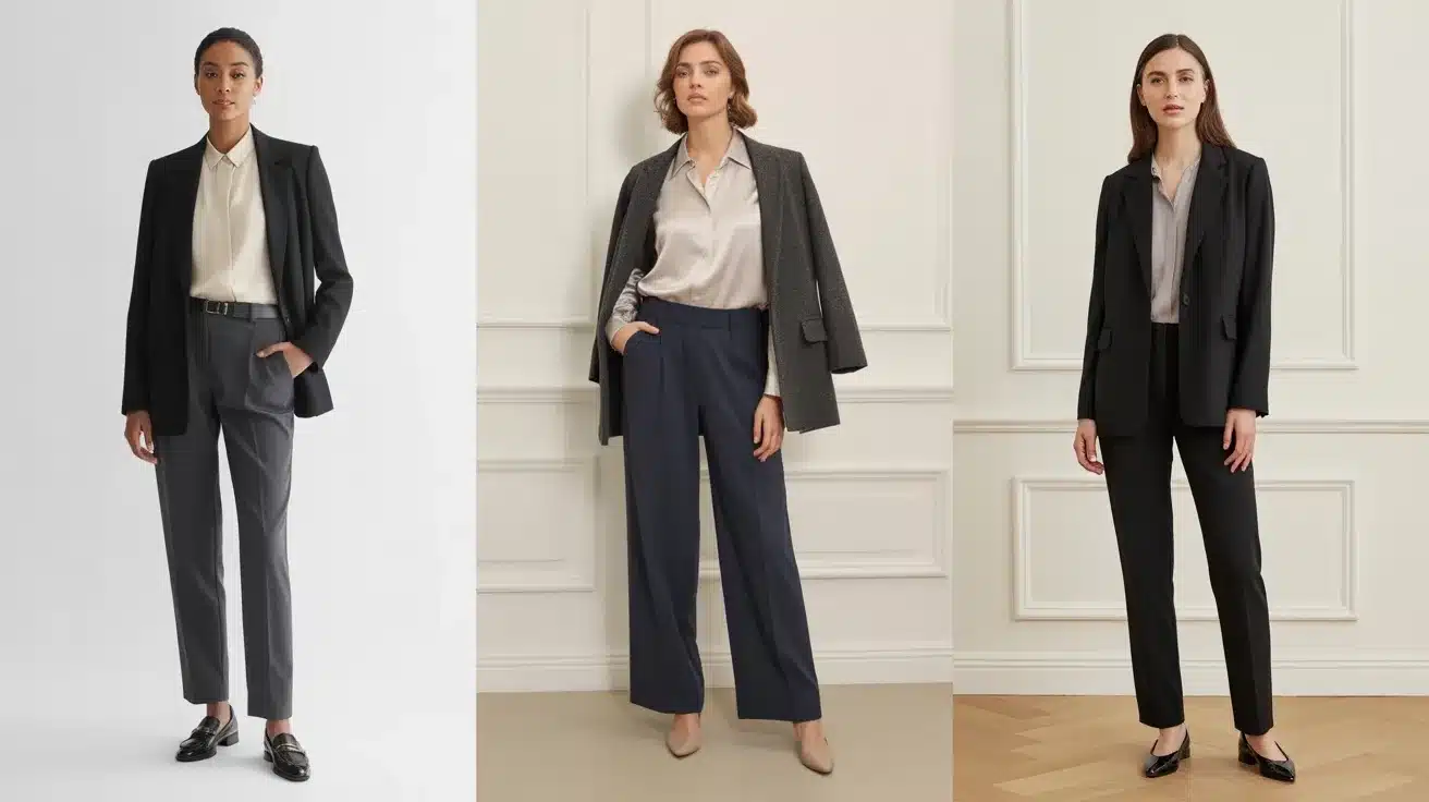 three women wearing tailored business suits with blazers and trousers in black, gray, and navy, styled for professional office settings