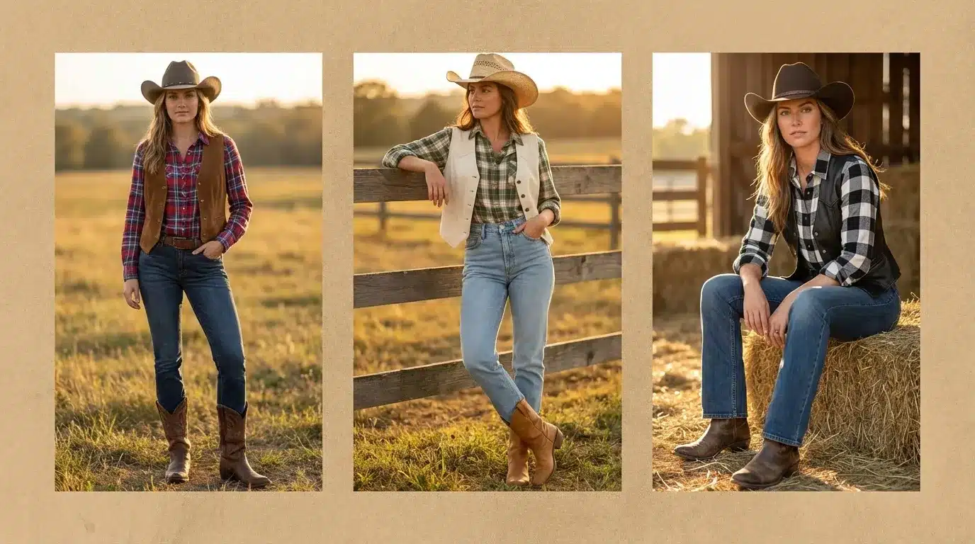 three women wearing western cowboy outfits with hats, plaid shirts, jeans, and boots posing outdoors on farm