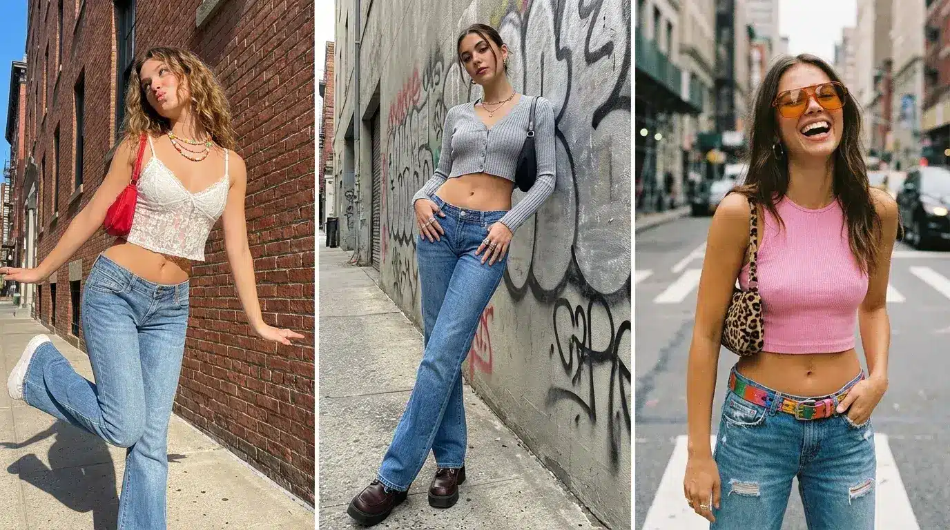 three women wearing y2k inspired outfits with crop tops, blue jeans, colorful accessories, and sunglasses