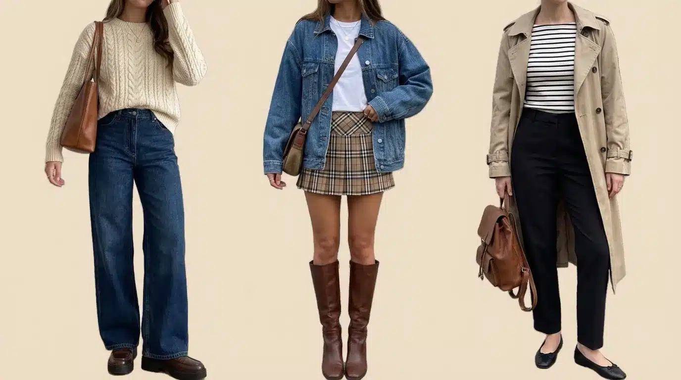 three women with knit sweater with jeans, plaid skirt with denim jacket, and trench coat with striped top