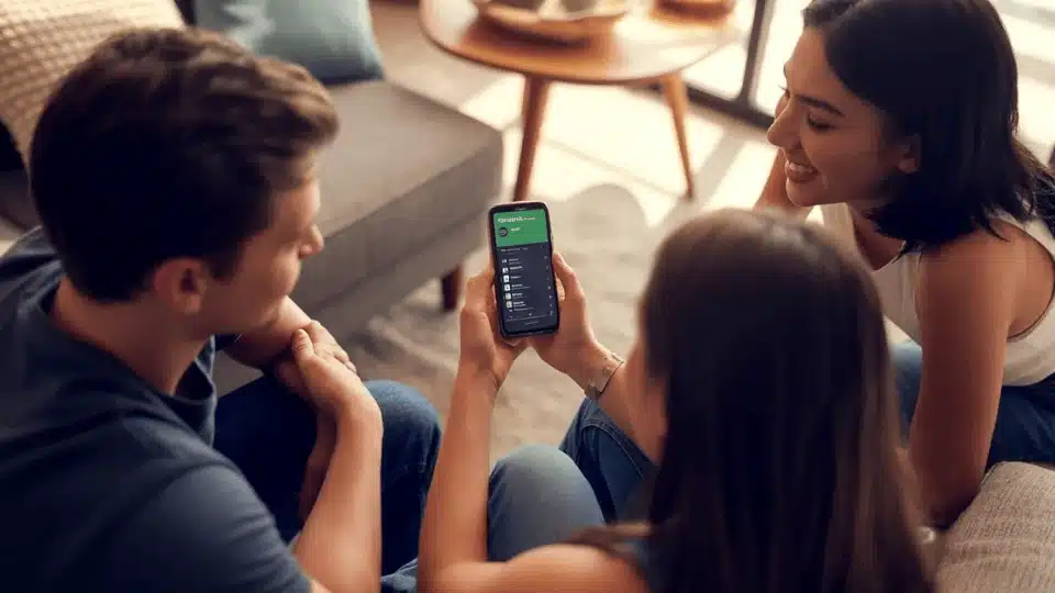 top view of person holding phone with spotify playlist open while two friends sit beside them during a casual hangout
