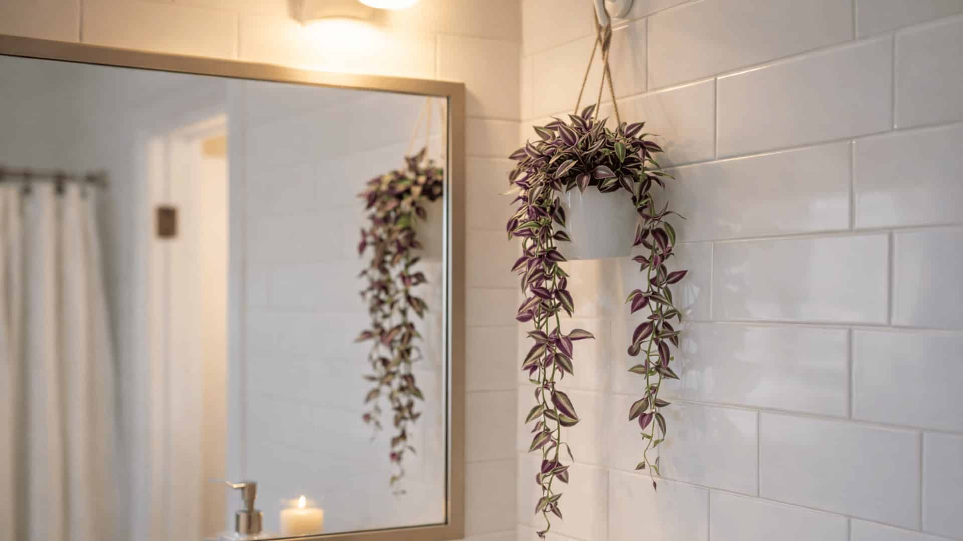 tradescantia with purple and green striped vines in white hanging planter beside bathroom mirror
