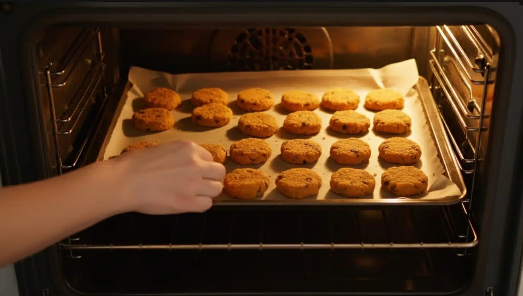 tray of small baked patties placed into oven on parchment-lined baking sheet as hand adjusts tray for even baking
