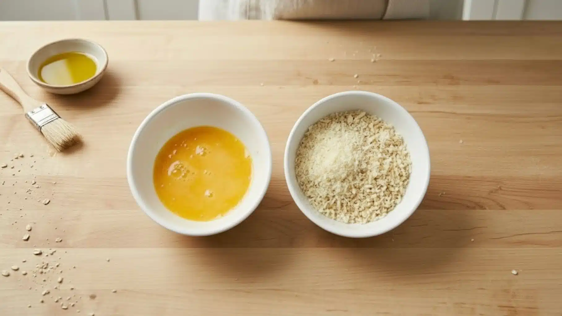 two bowls on a wooden table, one with beaten eggs and the other with breadcrumbs, with olive oil and pastry brush nearby