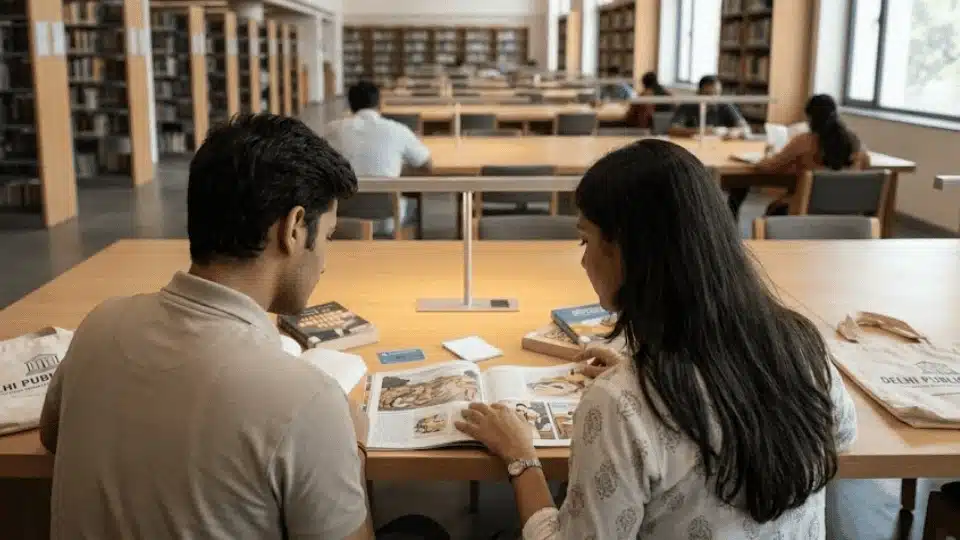 two people sitting at a long wooden table in a spacious library, focused on reading a book