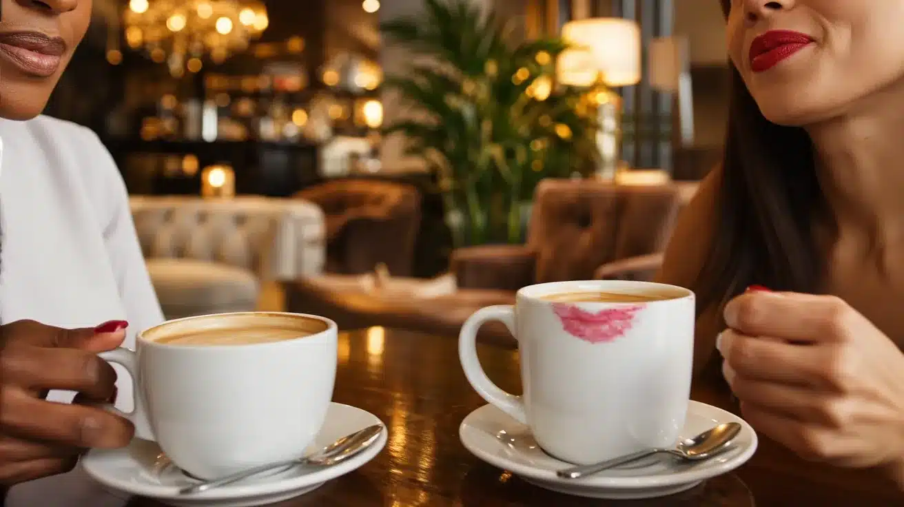 two women holding coffee cups in café, one cup showing lipstick mark on rim from red lipstick