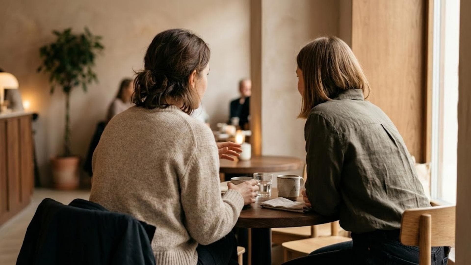two women with dark hair sitting across from each other at a round wooden table in a cafe talking