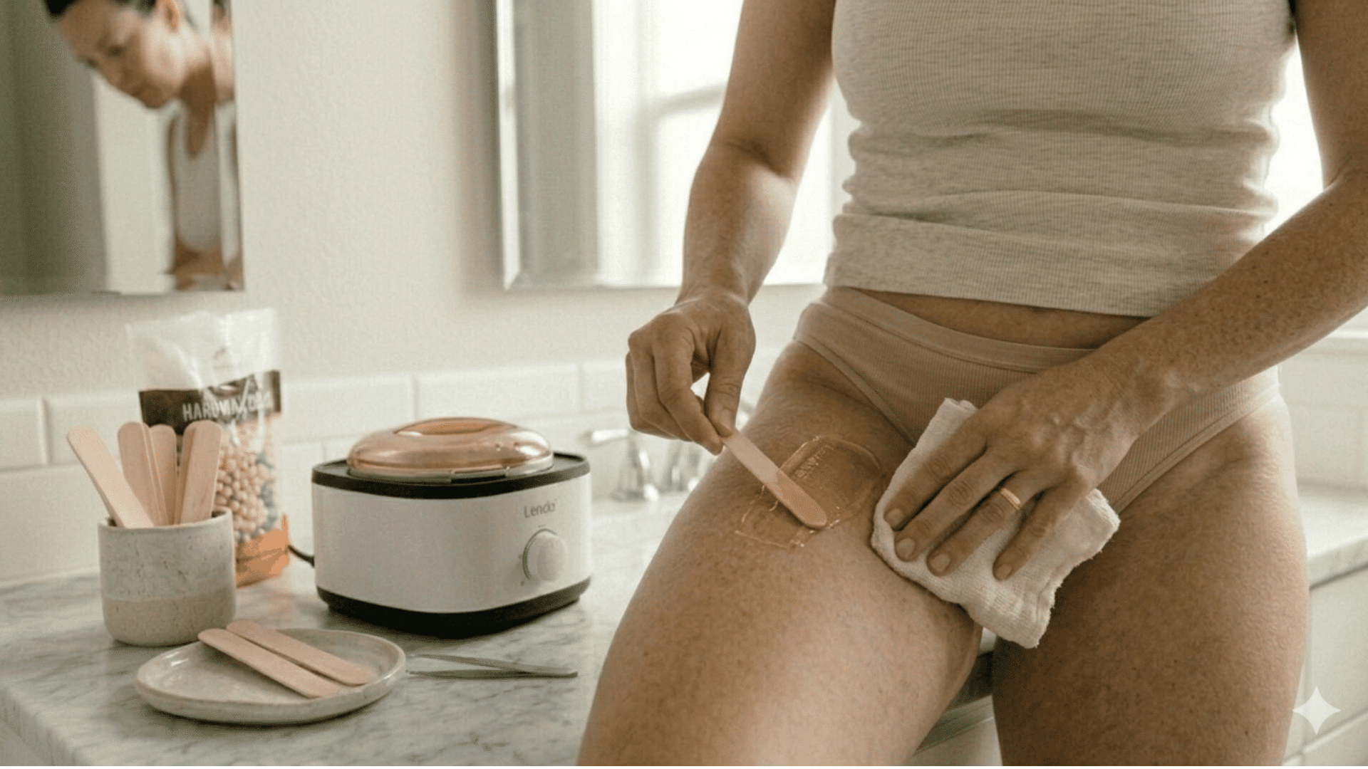 waxing in small sections, wooden applicator applying another wax strip while the other hand gently presses skin