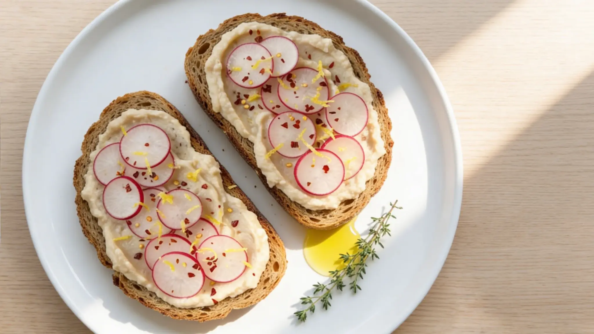 white bean lemon herb toast topped with radish slices, chili flakes, lemon zest, and thyme on whole grain bread