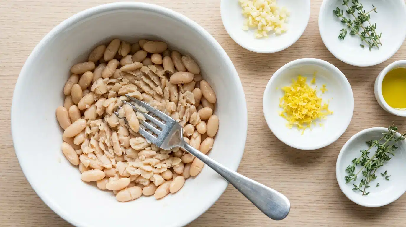 white beans being mashed with fork in bowl, with garlic, lemon zest, thyme, and olive oil ingredients arranged neatly