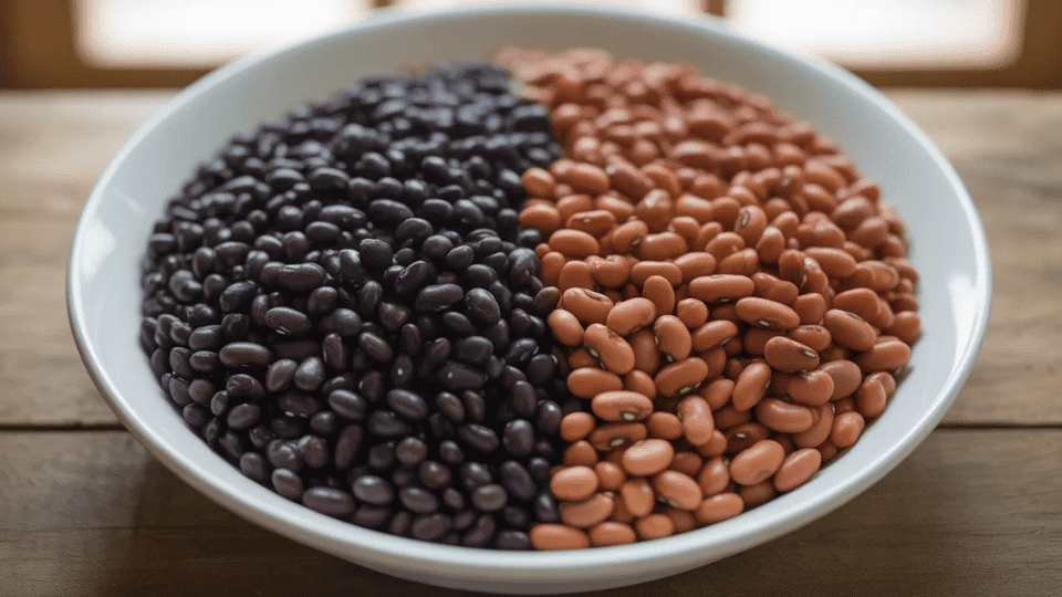 white bowl split evenly with black beans on one side and pinto beans on the other, placed on a wooden table