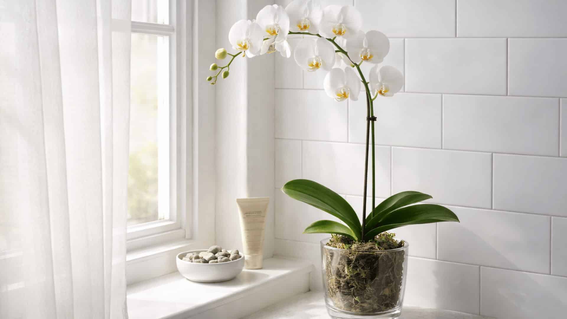 white phalaenopsis orchid in clear glass pot on bathroom windowsill with pebbles and hand cream nearby