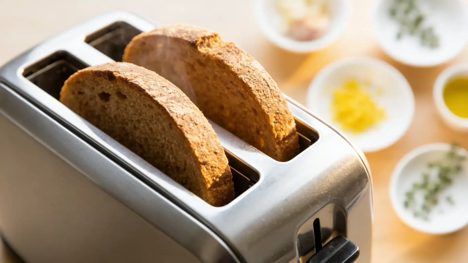 whole grain bread slices toasting in toaster with steam rising, ingredients like lemon zest, garlic, thyme, and olive oil