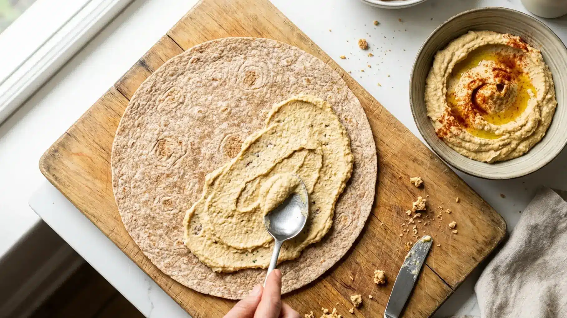 whole wheat wrap being spread with hummus using spoon on wooden board, with bowl of hummus and olive oil beside it