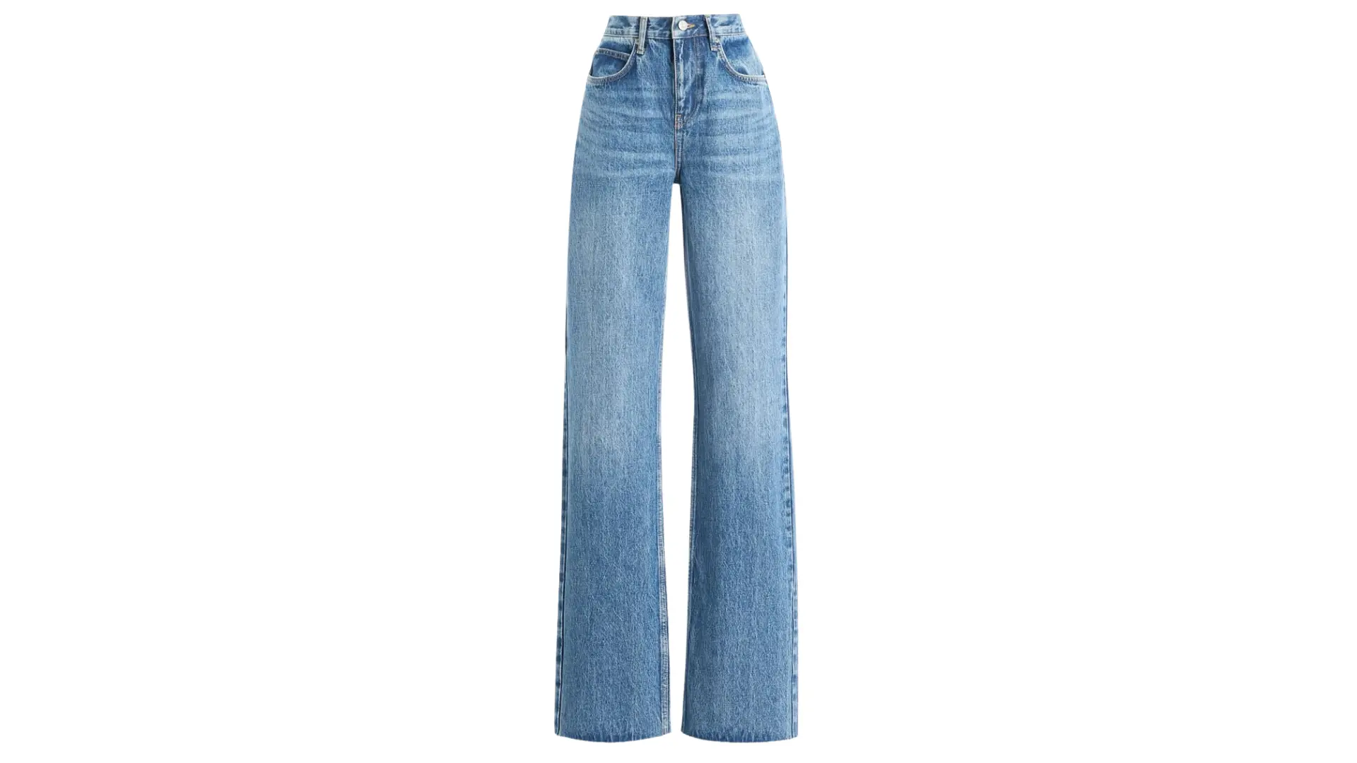 wide-leg light wash denim jeans are centered against a clean, neutral background in a professional studio shot