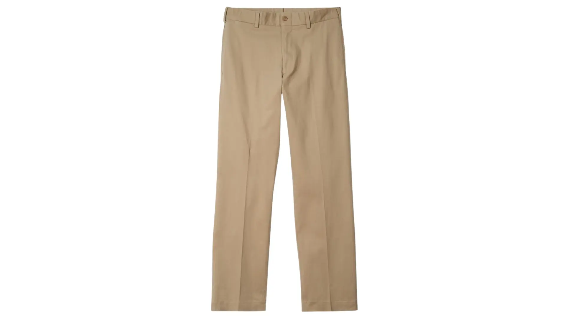 wide-leg tan chinos are centered against a clean, neutral background in a professional studio shot