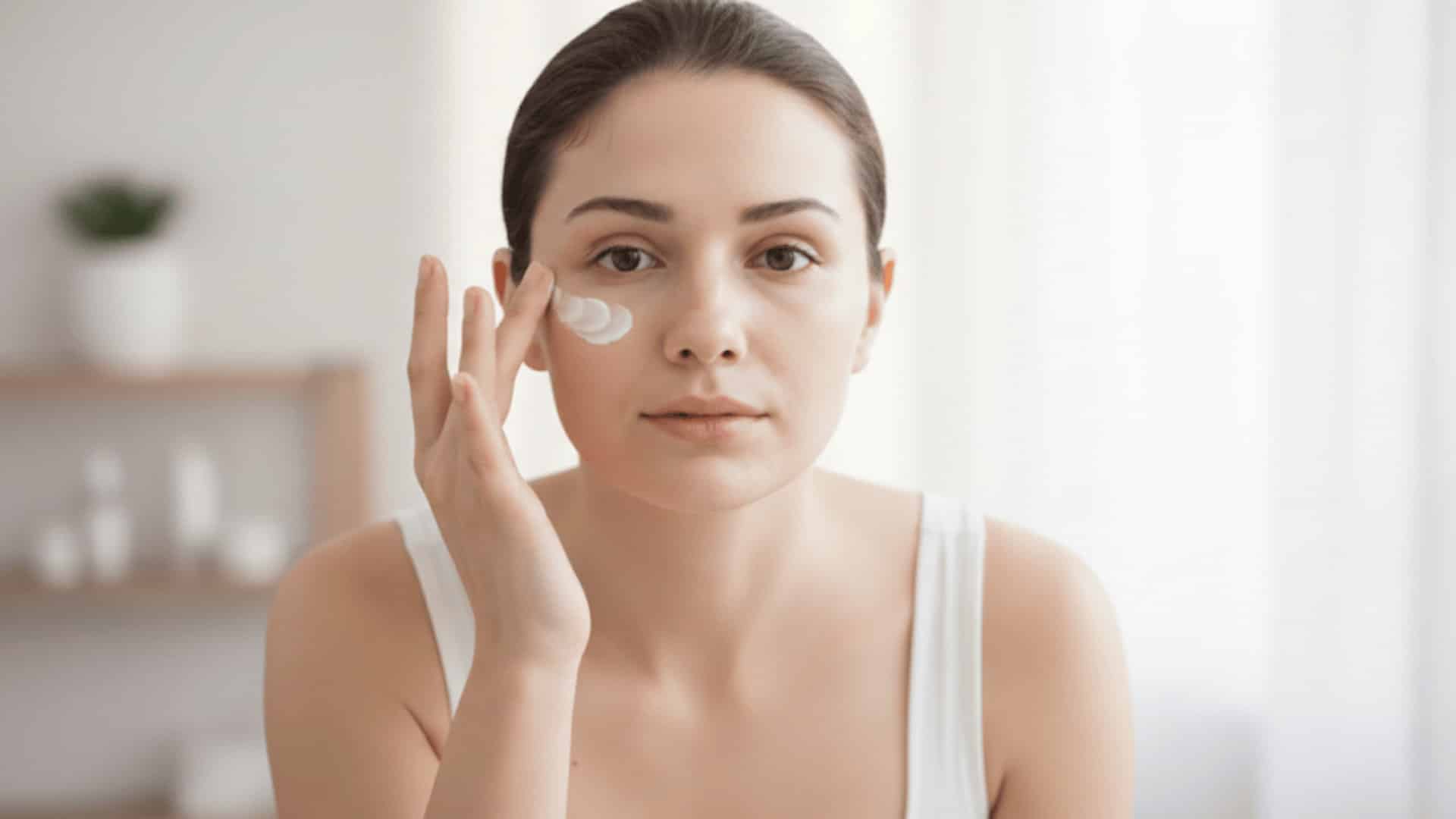 woman applying eye cream under her eye in bathroom mirror soft natural light skincare routine close up portrait